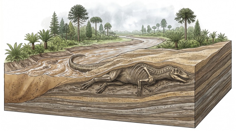 Corte transversal mostrando esqueleto enterrado sob camadas de sedimento com água subterrânea percolando