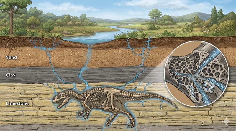 Diagrama de mineralização com camadas de areia, argila e calcário, e detalhe microscópico dos minerais preenchendo poros do osso