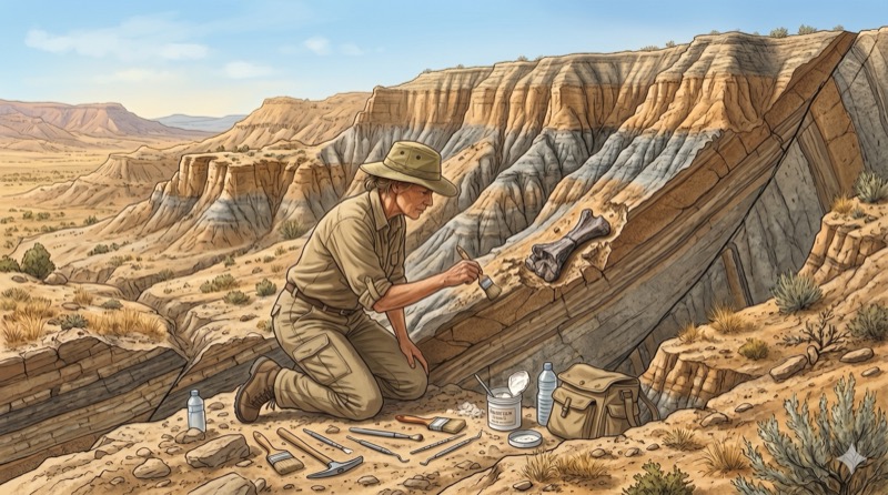 Paleontólogo com ferramentas limpando fóssil de dinossauro em campo