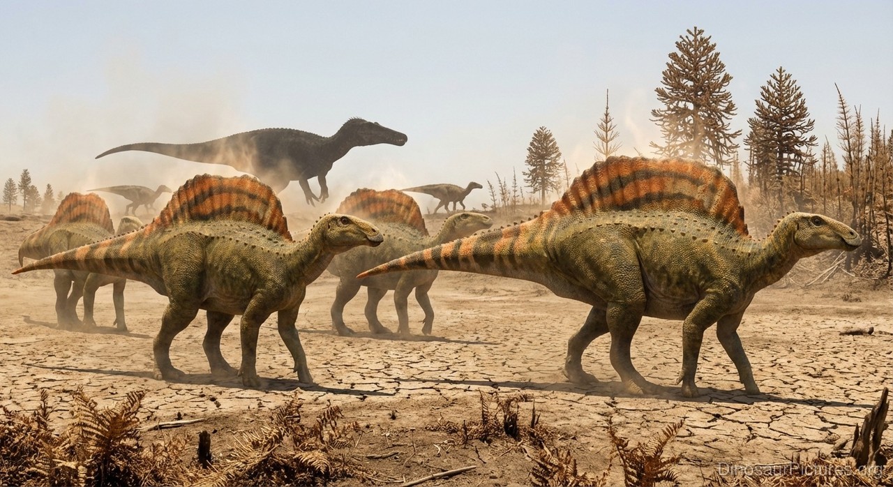 Manada de Ouranosaurus nigeriensis em ambiente árido do Cretáceo, com um terópode predador ao fundo. A vela dorsal com padrões listrados pode ter servido para termorregulação e display.