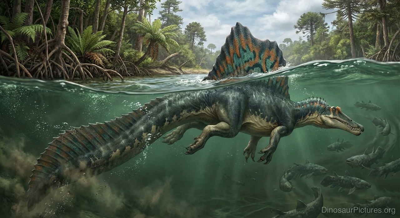 Reconstituicao de Spinosaurus mostrando a vela dorsal caracteristica sustentada por espinhos neurais de ate 1,65 metro.
