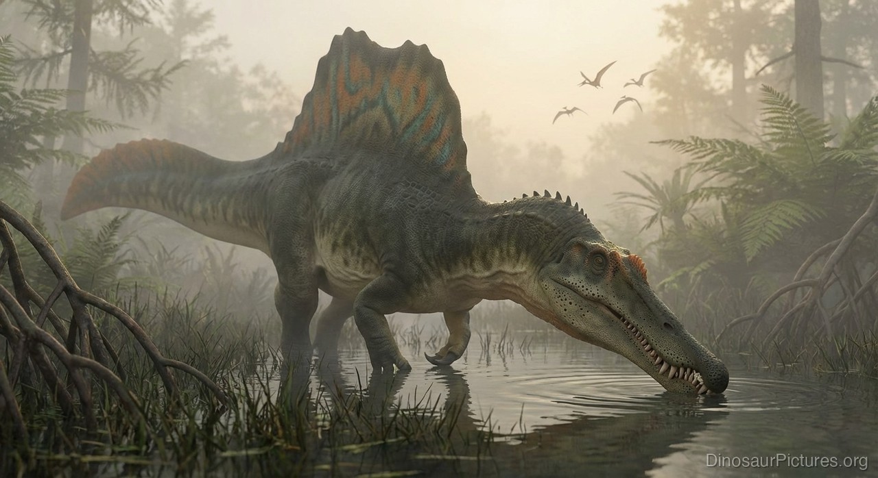 Spinosaurus em reconstrucao digital mostrando proporcoes corporais atualizadas com membros posteriores curtos e cauda em forma de remo.