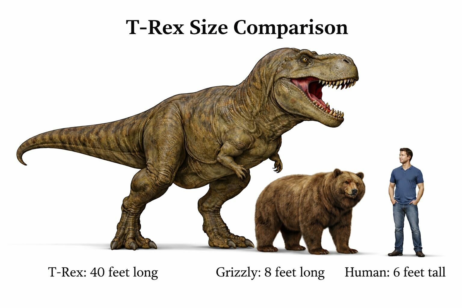 Comparação de tamanho: T-rex (12 m / 40 pés) ao lado de um urso grizzly (2,4 m) e um humano adulto (1,8 m). O T-rex pesava mais de 8 toneladas.